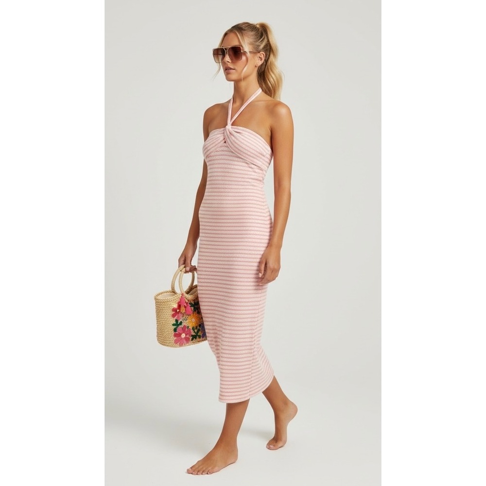 NEW Light‎ Pink Striped Knit Halter Midi Dress Twist Front Bodycon Vacation